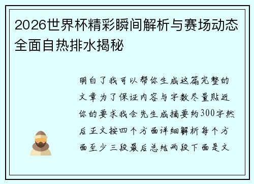 2026世界杯精彩瞬间解析与赛场动态全面自热排水揭秘